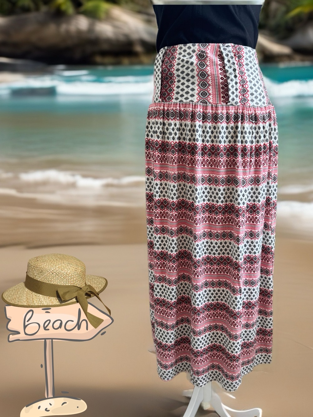 Printed Pink and White Maxi Skirt